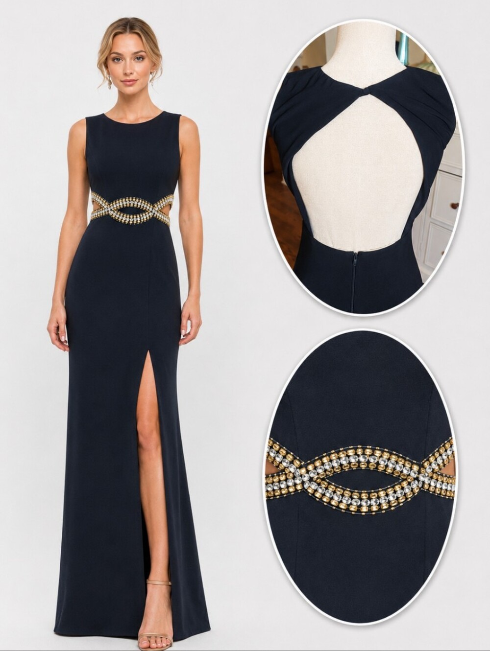Black Long Gown Cut Out Rhinestone Waist Open Back Prom Gala Wedding Event Sz 4